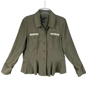 INC International Concepts Womens L Green Linen Embroidered Jacket Peplum Hem